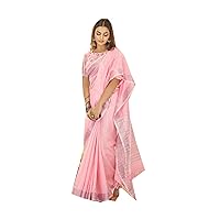 Ethnic Traditional Foil work Indian Woman wear Soft Linen Saree Blouse Khadi Printed Festival Sari 2532