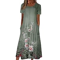 Women's Summer Casual Fashion Printed Short Sleeve Round Neck Pocket Dress