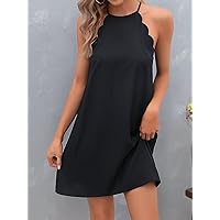 Dresses for Women Solid Scallop Trim Halter Dress (Color : Black, Size : Large)