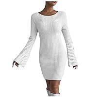 Women's Christmas Clothes Fashion Casual Backless Solid Flare Sleeves Tight Knitted Dress Fall, S-XL