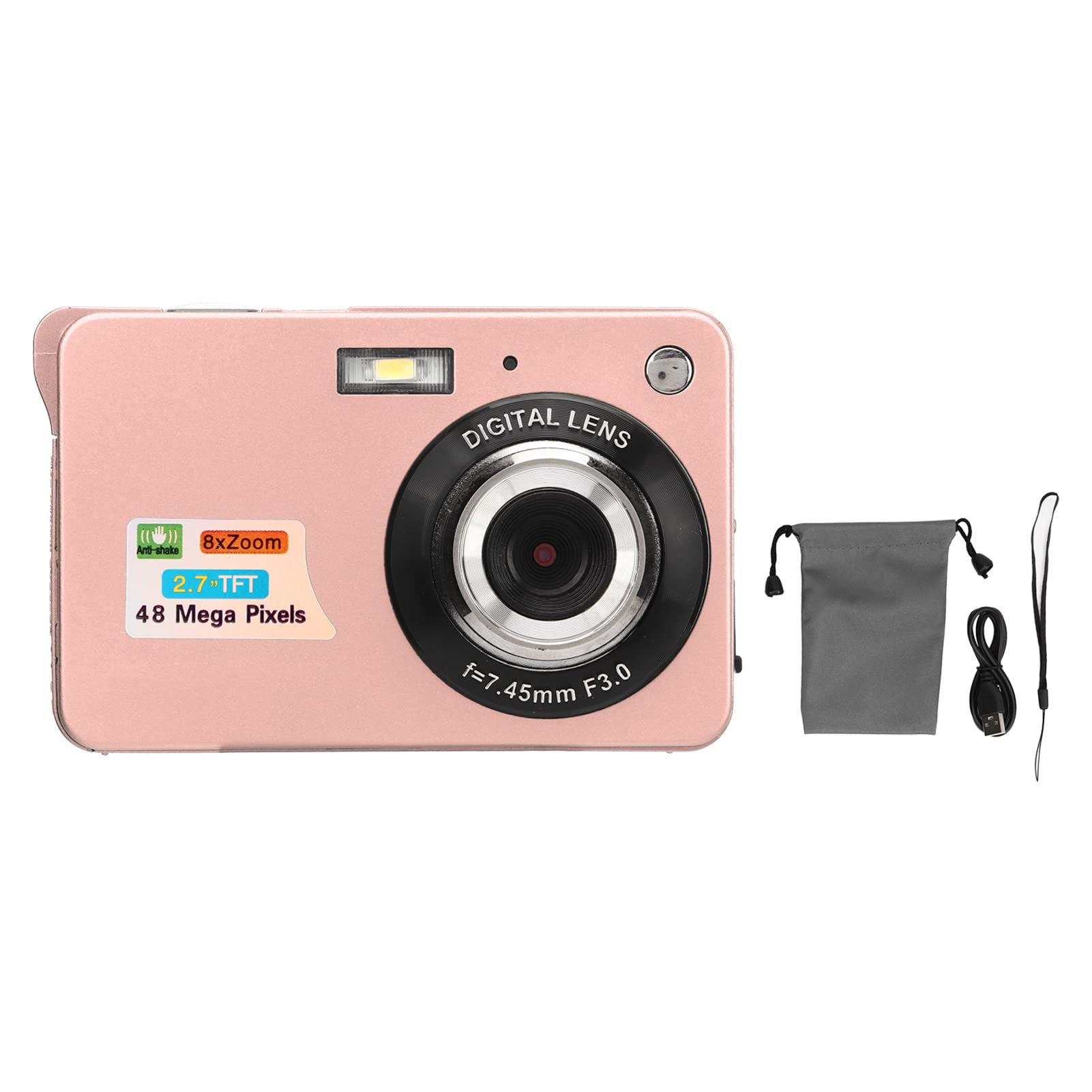 4K Digital Camera 48MP with 8X Zoom and 2.7in LCD Screen, Rechargeable Pocket Camera and 128GB Memory Card Support, USB Transfer Camera Camera for Beginners (Pink)