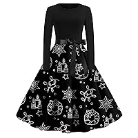 Women Dresses Formal Long Sleeve Tunic Dress Teen Girls Summer Cocktail Lounge Oversized V Neck Polyester Snowflake Fitted Hide Belly Patchwork Tunic Dress Black