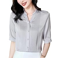Real Silk Women's Shirt Summer Shirts Woman V-Neck Blouses Half Sleeve Women Loose Tops Office Lady Solid Blouse