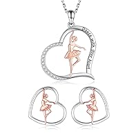 Dance Gifts for Teen Girls - 925 Sterling Silver Heart Ballerina Stud Earrings Necklace Dancing Ballet Themed Women Jewelry