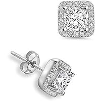 Beautiful Princess Cut Cubic Zirconia (6MM) Square Halo Party Wear Prong Set Stud Earring For Women's & Girls .925 Sterling Sliver