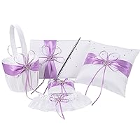 5pcs Wedding Sets Flower Girl Basket + Ring Bearer Pillow + Guest Book with Pen + Pen Set Holder + Bride Garter, Double Heart Rhinestone Decor for Rustic Bridal Shower-Lavender