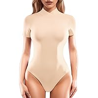 MANGOPOP Short Sleeve Bodysuit for Women Mock Turtleneck Bodysuit Basic