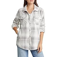 Womens Flannel Plaid Shacket Long Sleeve Oversized Button Down Jacket Casual Loose Boyfriend Warm Outwear with Pockets