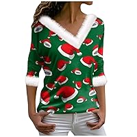 Women Long Sleeve Shirt Christmas Graphic Fur Collar V Neck T-Shirt Basic Plus Size Teen Girl Daily Outfit