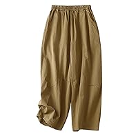 Cotton Baggy Crop Pants Women Summer Elastic High Waist Wide Leg Pants Comfy Casual Loose Fit Ankle Length Trousers