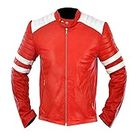 Mens Hybrid Retro Mayhem Club Brad White Stripes Biker Red Synthetic Leather Jacket