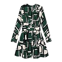 Fall Women's Simple Round Neck Fitted Printed Sleeve Dress with Belt - Women's Fashion Dresses (Ladies)