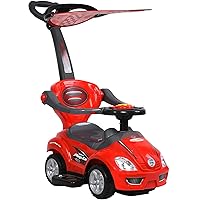 ChromeWheels 3 in 1 Ride on Toys Pushing Car with Removable Sun Visor, Mega Car for Toddlers w/Handle & Horn & Music, Color Red