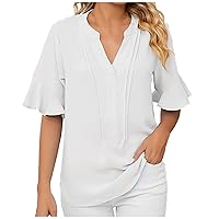 Dressy Summer Tops for Women 2023 Trendy Solid Color Tunic Blouses Casual V Neck Work Short Sleeve Tshirt