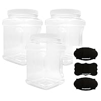 3-Pack Square 64 Oz 1/2 Gallon Plastic Canisters; 8-Cup Capacity Clear Jars w/White Plastic Lids & Chalk Labels, BPA-Free Lightweight PET #1 Plastic