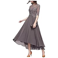 Tea Length Mother of The Bride Dress with Sleeve Lace Applique Chiffon Formal Evening Party Gowns for Women LD095