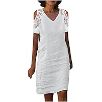 Cold Shoulder T Shirt Dress for Women Lace Crochet V Neck Short Sleeve Beach Dress Plus Size Cotton Linen Midi Dress