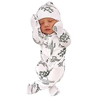 Newborn Baby Boys Girls Bodysuit 2 Piece Set Infant Cactus Print Romper Jumpsuit + Hat Outfits Sets (White, 0-3 Months)