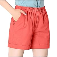 Womens Cotton Shorts Plus Size Loose Fit Casual Sports Shorts Elastic Waist Cuffed Hem Trouser Shorts with Pockets
