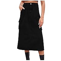 Women's Spring Denim Skirt Solid Color Elegant Pencil Skirt Casual Cargo Skirt with Flap Pocket Stretchy Fashion Long Skirt