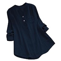 Womens Cotton Linen Tunic Shirts Button Down Long Sleeve Collared Fall Pullover Tops Fashion Solid Flowy Henley Tshirt