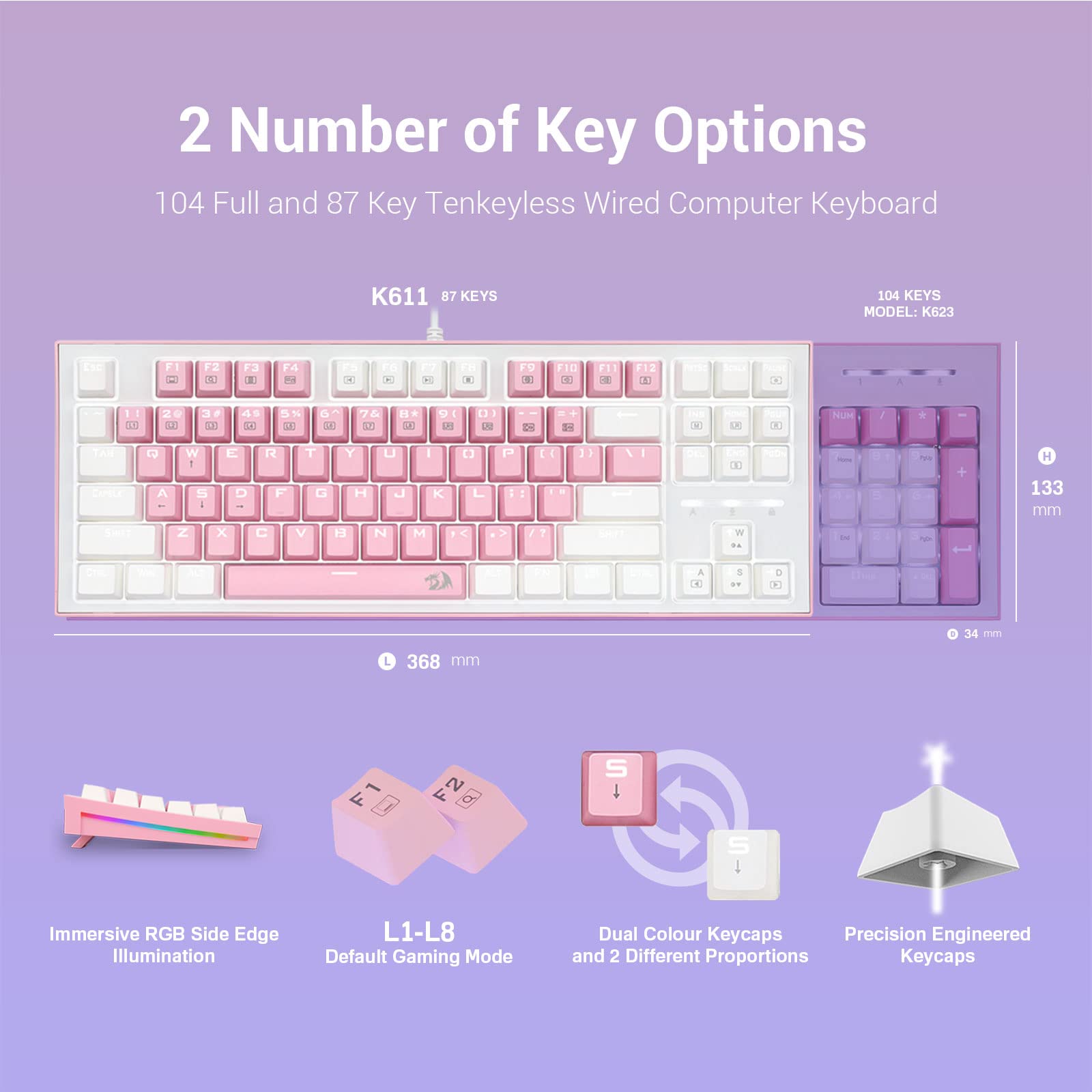Redragon K611 Dual Color Keys Mechanical Gaming Keyboard Single White LED + RGB Side Edge Backlit 87 Key Tenkeyless Wired Computer Keyboard with Blue Switches for Windows PC (White + Pink)