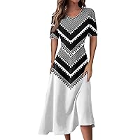 V Neck Short Sleeve Dresses for Women Casual Oversized Flowy Hem Midi Dress Elegant Floral Print Stretchy Sun Dresses