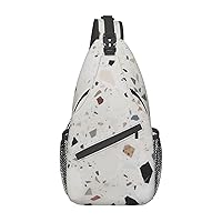 White Terrazzo Crossbody Sling Backpack Sling Bag for Women Hiking Daypack Chest Bag Shoulder Bag
