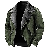 Mens Faux Suede Leather Jackets Spread Collar Motorcycle Sherpa Bomber Jackets Notch Lapel Biker Motorcycle Zip Up Coats