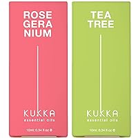 Rose Geranium Oil for Skin & Tea Tree Oil for Skin Set - 100% Nature Therapeutic Grade Essential Oils Set - 2x0.34 fl oz - Kukka