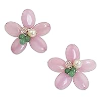 NOVICA Handmade .925 Sterling Silver Cultured Freshwater Pearl Quartz Flower Earrings Pink Green with Stainless Steel Button Thailand Floral Birthstone [1.4 in L x 1.4 in W] 'Pink Thai Daisy'
