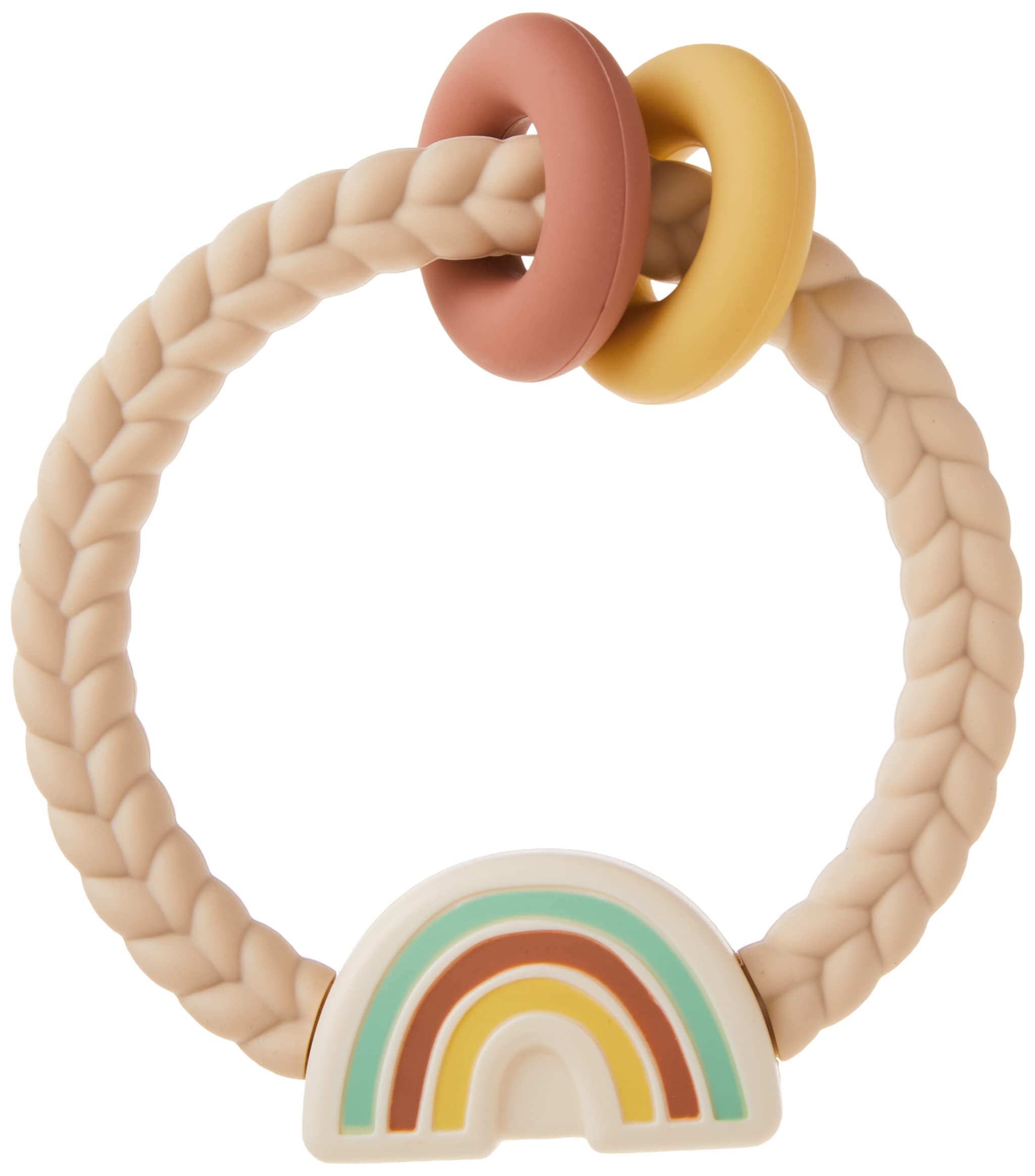 Itzy Ritzy Silicone Teether with Rattle; Features Rattle Sound, Two Silicone Rings and Raised Texture to Soothe Gums; Ages 3 Months and Up; Neutral Rainbow