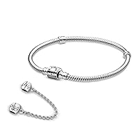 Pandora Jewelry Bundle with Gift Box - Sterling Silver Family Forever Safety Chain Charm & Moments Sterling Silver Snake Chain Charm Bracelet with Barrel Clasp, 8.3