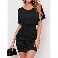 Fall Dresses for Women 2023 Solid Batwing Sleeve Ruched Dress Dresses for Women (Color : Black, Size : Large)