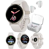 Wearable4U - Garmin Vivoactive 5 Health and Fitness GPS Smartwatch, 1.2in AMOLED Display, Up to 11 Days of Battery, Cream Gold Aluminum Bezel with White Earbuds Bundle