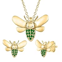 Wonderful Honey Bee Shaped Round Cut White Diamond 14k Gold Over .925 Sterling Silver Pendant Necklace Stud Earrings Set For Girl's & Women's