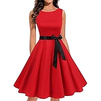 Cocktail Dresses for Women 2024 Solid Color Elegant A Line Classic with Sleeveless Round Neck Belt Dress