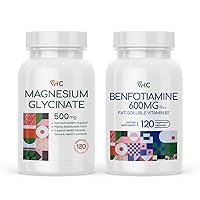 Magnesium Glycinate 500mg, Benfotiamine 600mg Supplement,120 Veggie Caps, Made in USA