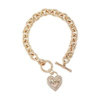 GUESS Goldtone Dangle Logo Heart Charm Chain Toggle Bracelet