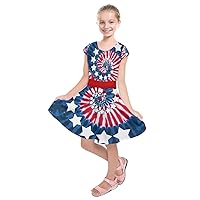 PattyCandy Big Little Girls 4th of July USA American Flag Patriotic Kids Short Sleeve Dress Size for 2yrs-13yrs