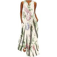 Lenago Summer Dresses for Women 2024, Spring Maxi Dress, Sleeveless V Neck Retro Boho Casual Loose Sundresses with Pockets