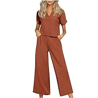 Women's 2 Piece Outfits Dressy Lapel Set Summer Cuffed Short Sleeve Tops and High Waisted Wide Leg Pants Lounge Sets