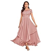 Lace Mother of The Bride Dresses for Wedding Short Sleeve Ruffle Chiffon Formal Evening Gown