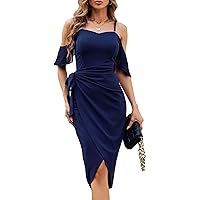 JASAMBAC Women's Ruched Bodycon Dresses Off Shoulder Belted Ruffle Sleeve Midi Wedding Guest Wrap Dress