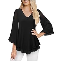 Womens 3/4 Bell Sleeve Flowy Tops Summer Double Layer Mesh Elegant T-Shirts Casual Loose Fit V Neck Tuinc Tee Shirts