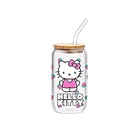 Silver Buffalo Hello Kitty Strawberry Toss Glass Tumbler w Bamboo Lid and Glass Straw, 16 Ounces