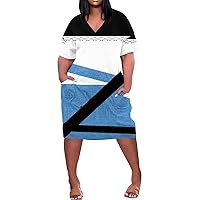 Dress with Pockets Summer Plus Size V Neck Short Sleeve Knee Pocket Soild Color Casual Dress