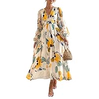 Women Casual Summer Boho Dress Long Flowy Dresses Floral Print Sundress Trendy Long Sleeve Midi Beach Dresses