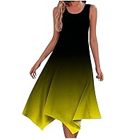 Gradient Irregular Hem Tank Dress Womens Summer Sleeveless Scoop Neck Midi Dresses Casual Beach A-Line Sundress