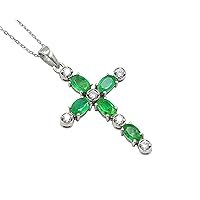 Natural Zambian Emerald 6X4 MM Oval Gemstone 925 Sterling Silver May Birthstone Holy Cross Pendant Necklace Emerald Jewelry Girlfriend Gift For Valentine Day (PD-8309)